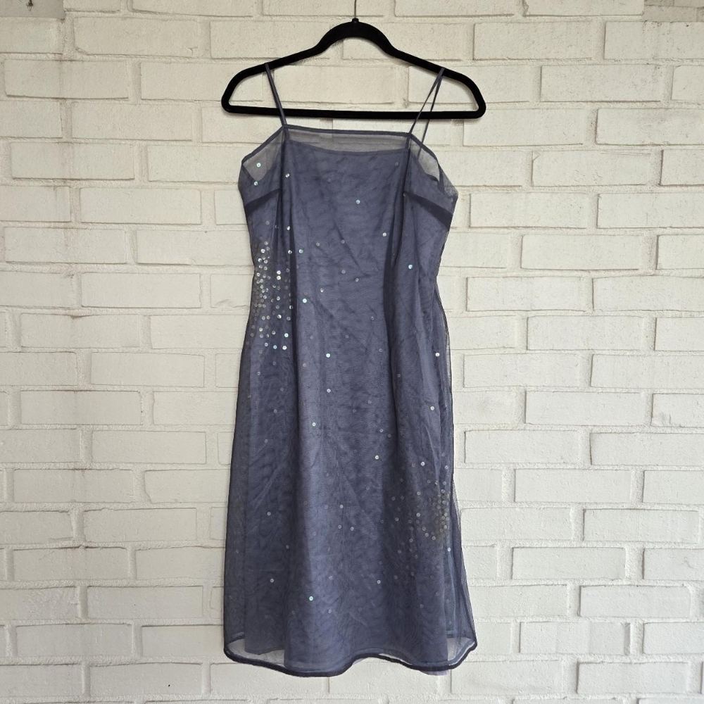 Vtg 90s Express Blue Midi Dess Sequins, Mesh Party Dance